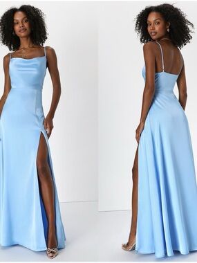 LULU'S Formal Invitation Light Blue Satin Cowl Neck Maxi Dress